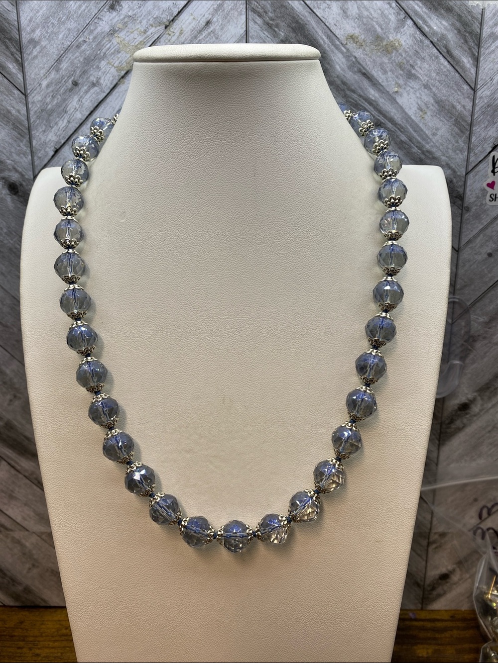 Faceted Glass Bead Necklace handknotted blue cord silver accent Aprilsplace